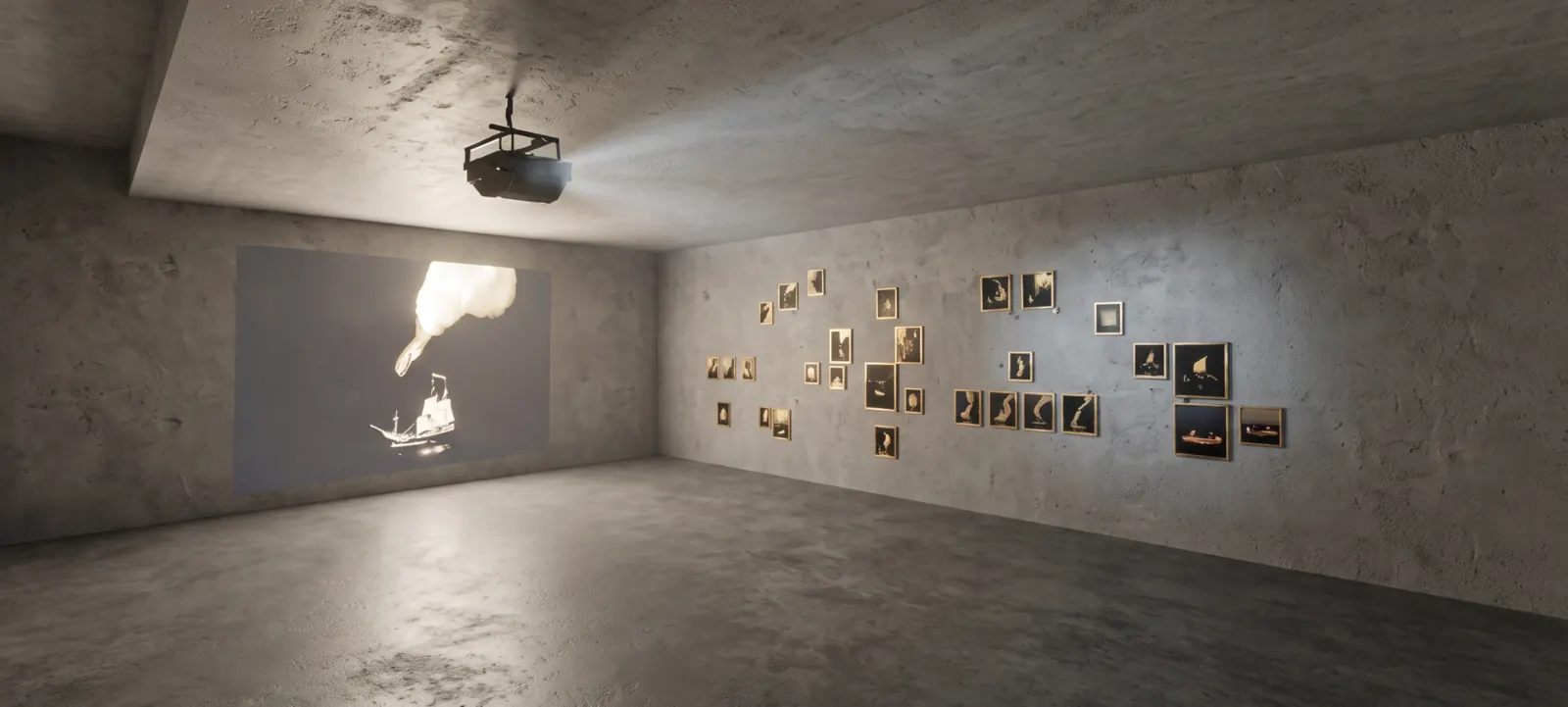 Render de la sala: proyección de video y obras enmarcadas sobre un muro de hormigón
